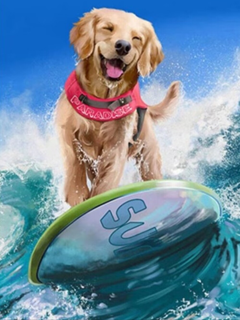 Golden Retriever Surf Canvas Wall Art - Blue - Says 12" X 14"